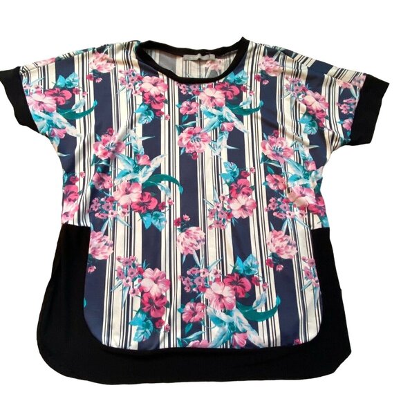 NY Collections Square Bottom Floral Striped Blouse-Black-Size Small-GUC - Picture 1 of 7